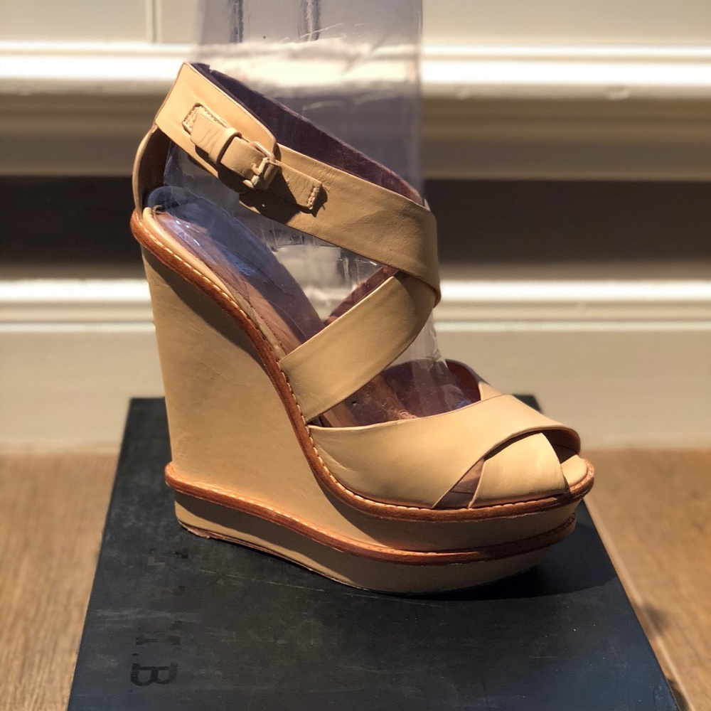 L.A.M.B. 6” Nude Leather platform wedges